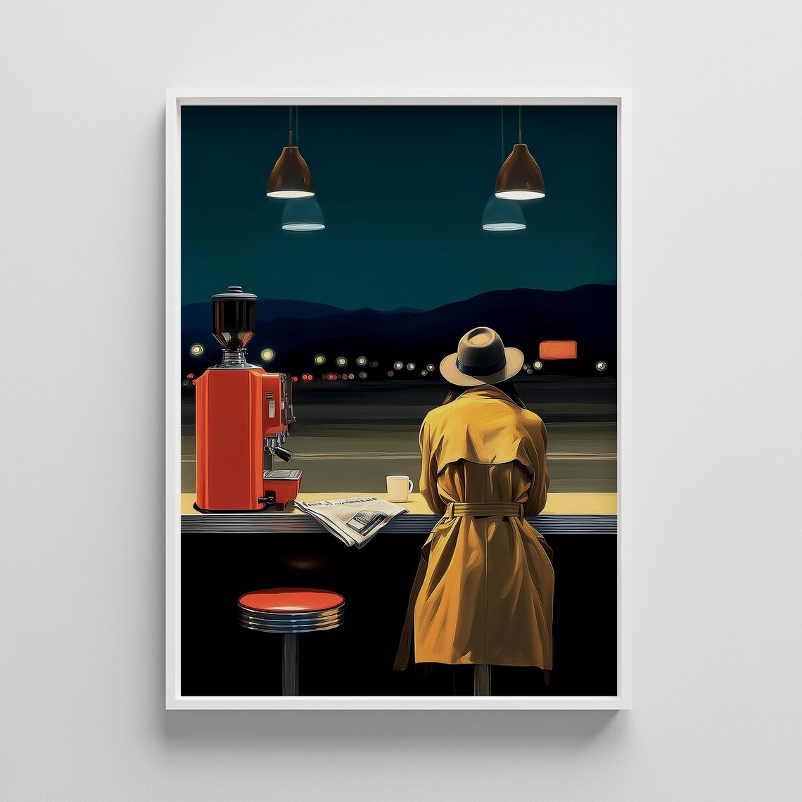 Night Diner Woman In Trench Coat Vintage Coffee Scene Art Poster