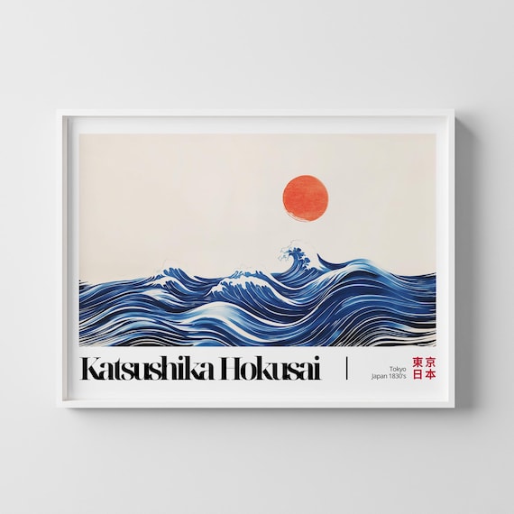 Katsushika Hokusai Red Sun Rolling Blue Waves Japanese Art Poster