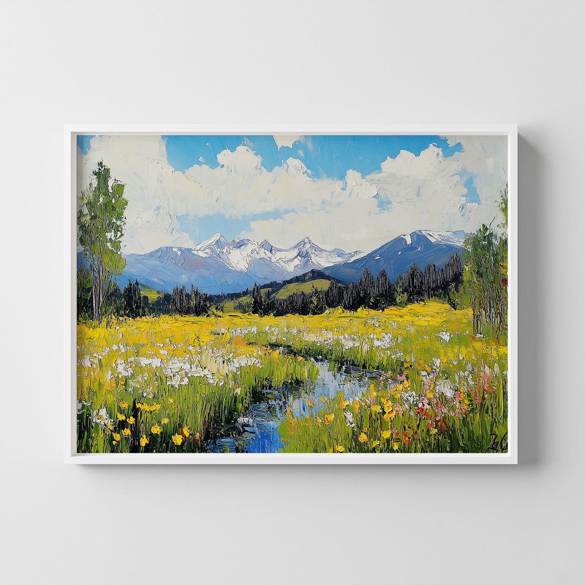 Alpine Meadow Wildflower Stream Snowy Mountain Landscape Print