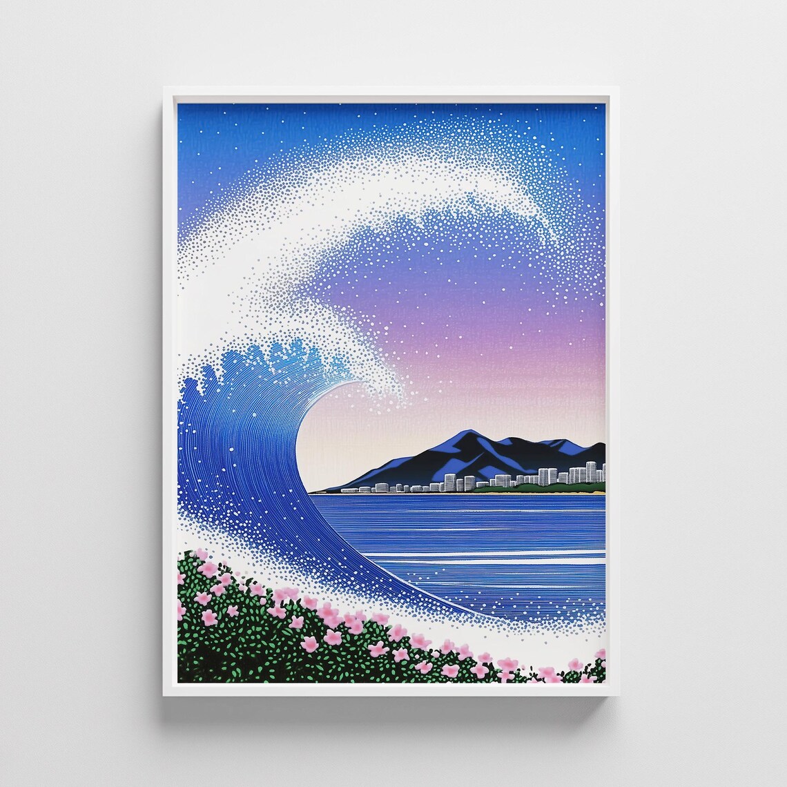 Retro Wave Sunset Ocean Great Wave City Skyline Beach Art Print