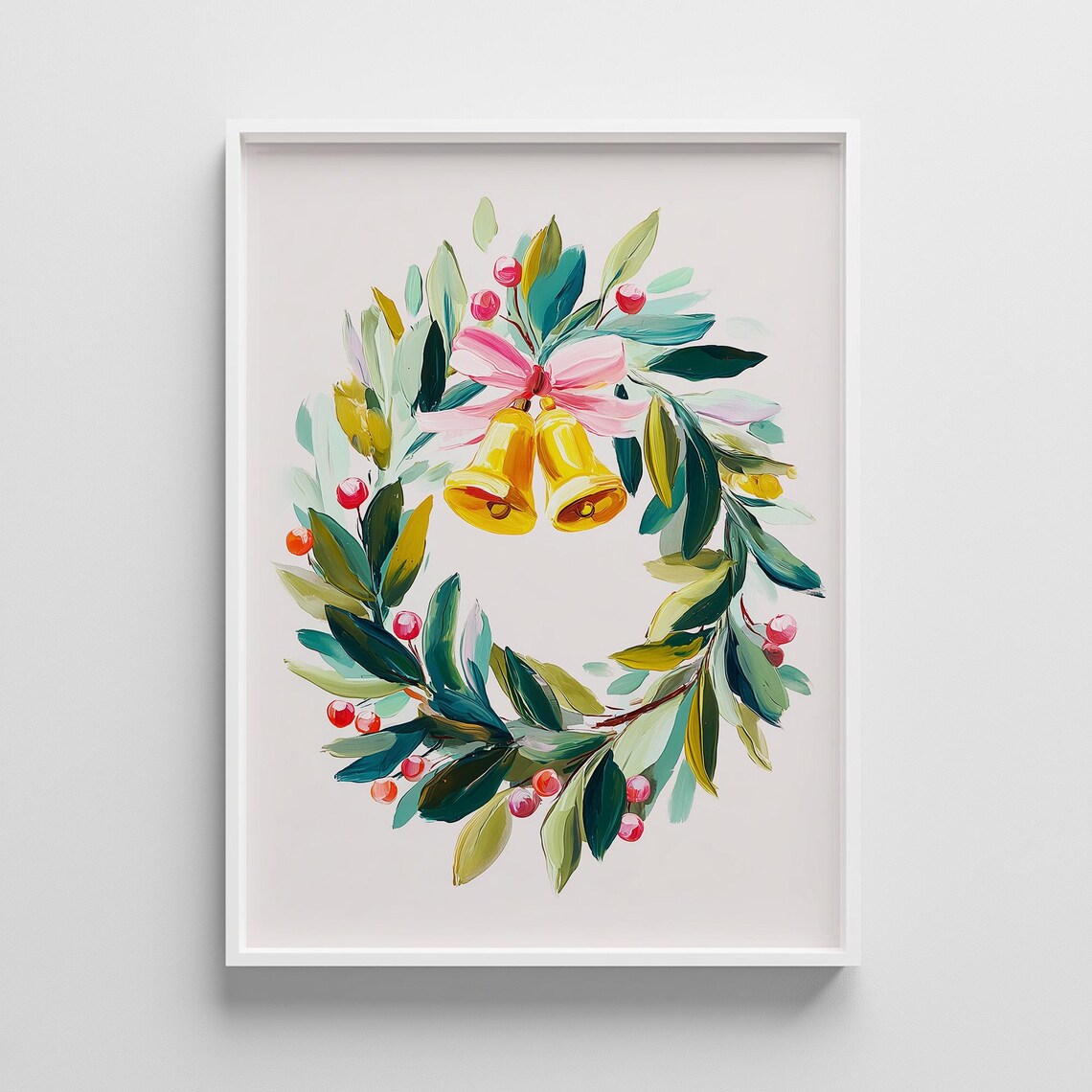 Pastel Christmas Wreath Golden Bells Watercolor Painting Poster