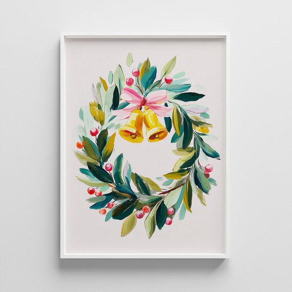 Pastel Christmas Wreath Golden Bells Watercolor Painting Poster