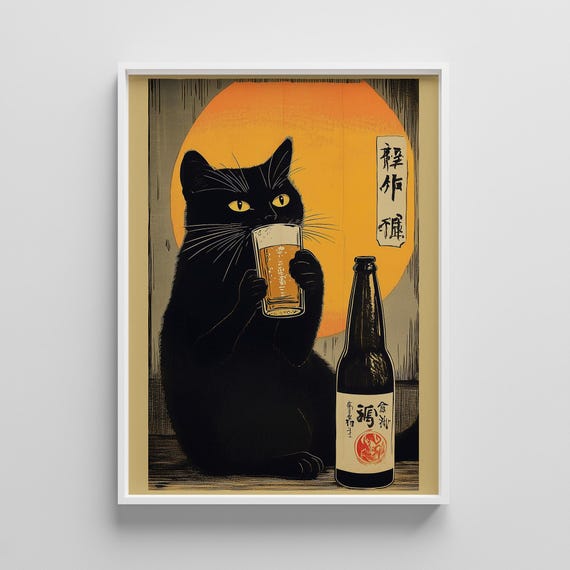 Japanese Cat Beer Poster Funny Black Kitchen Print