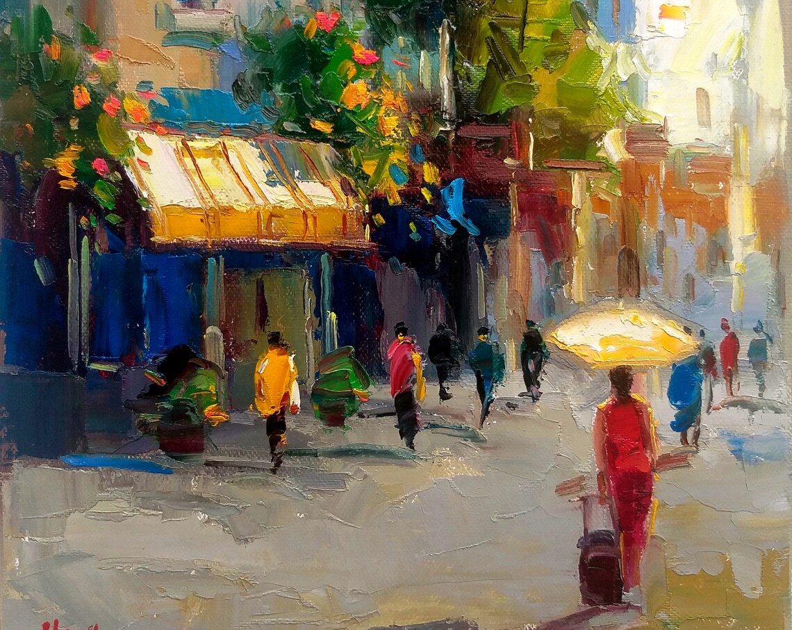 Busy Sunny Street Market Cafe People European Square Scene Poster