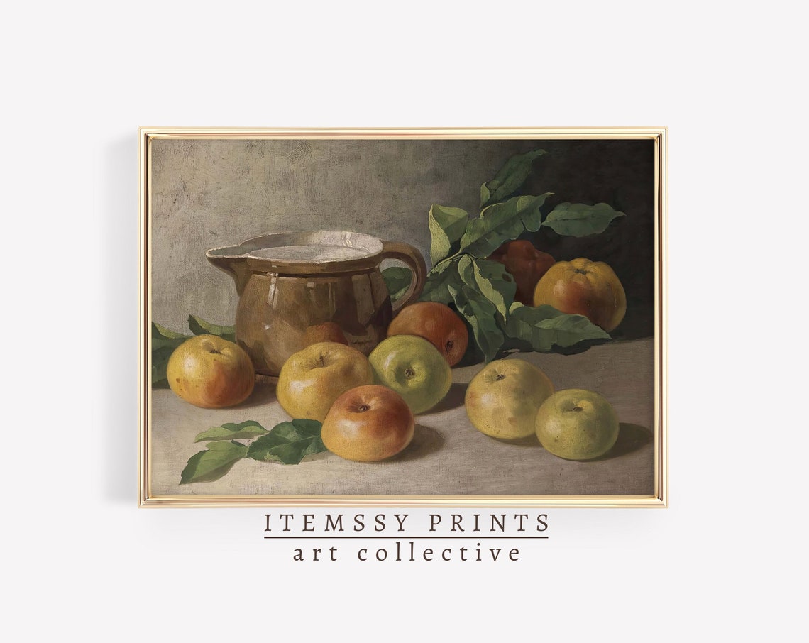 Vintage Apples and Ceramic Pitcher Still Life Painting Print
