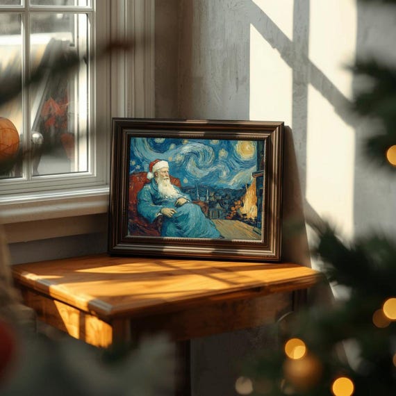 Starry Night Santa Claus by the Fireplace Cozy Christmas Wall Art