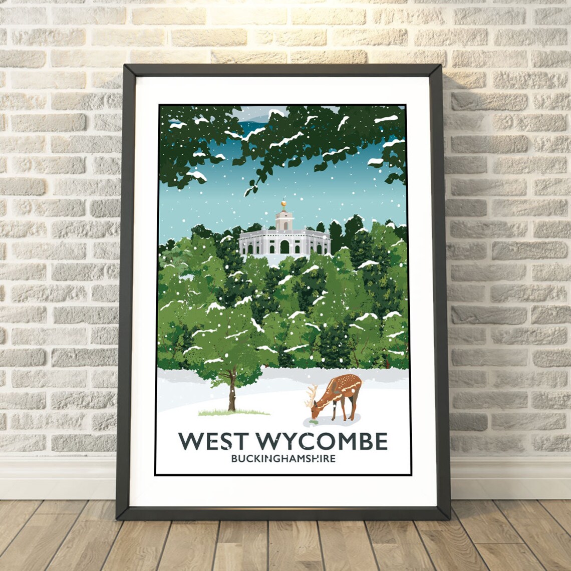West Wycombe Buckinghamshire Winter Snowy Deer Travel Poster