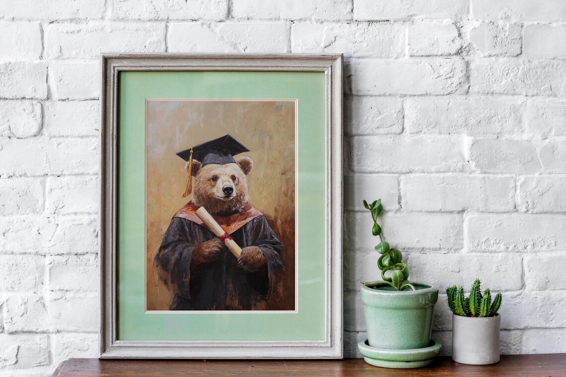 Grizzly Bear in Graduation Cap and Gown Holding Diploma Art Poster - Image 4