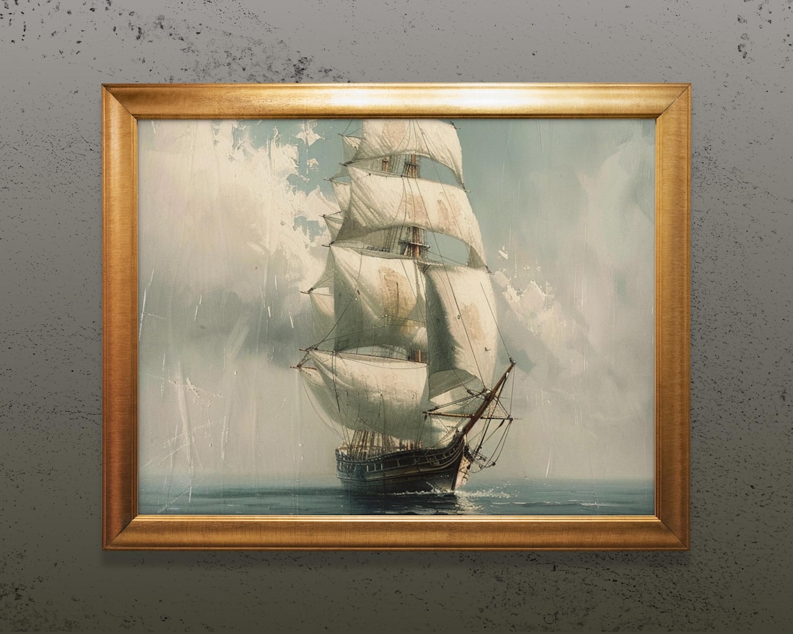 Vintage Tall Ship Sailboat Seascape Oil Painting Wall Poster