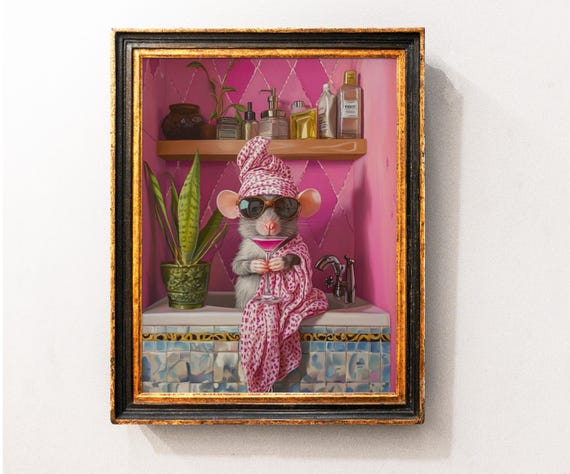 Cute Mouse Pink Bathroom Wall Art Print Funny Animal Poster Room Retro