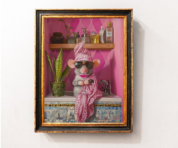 Sassy Mouse With Pink Martini and Sunglasses in Vintage Bath Poster