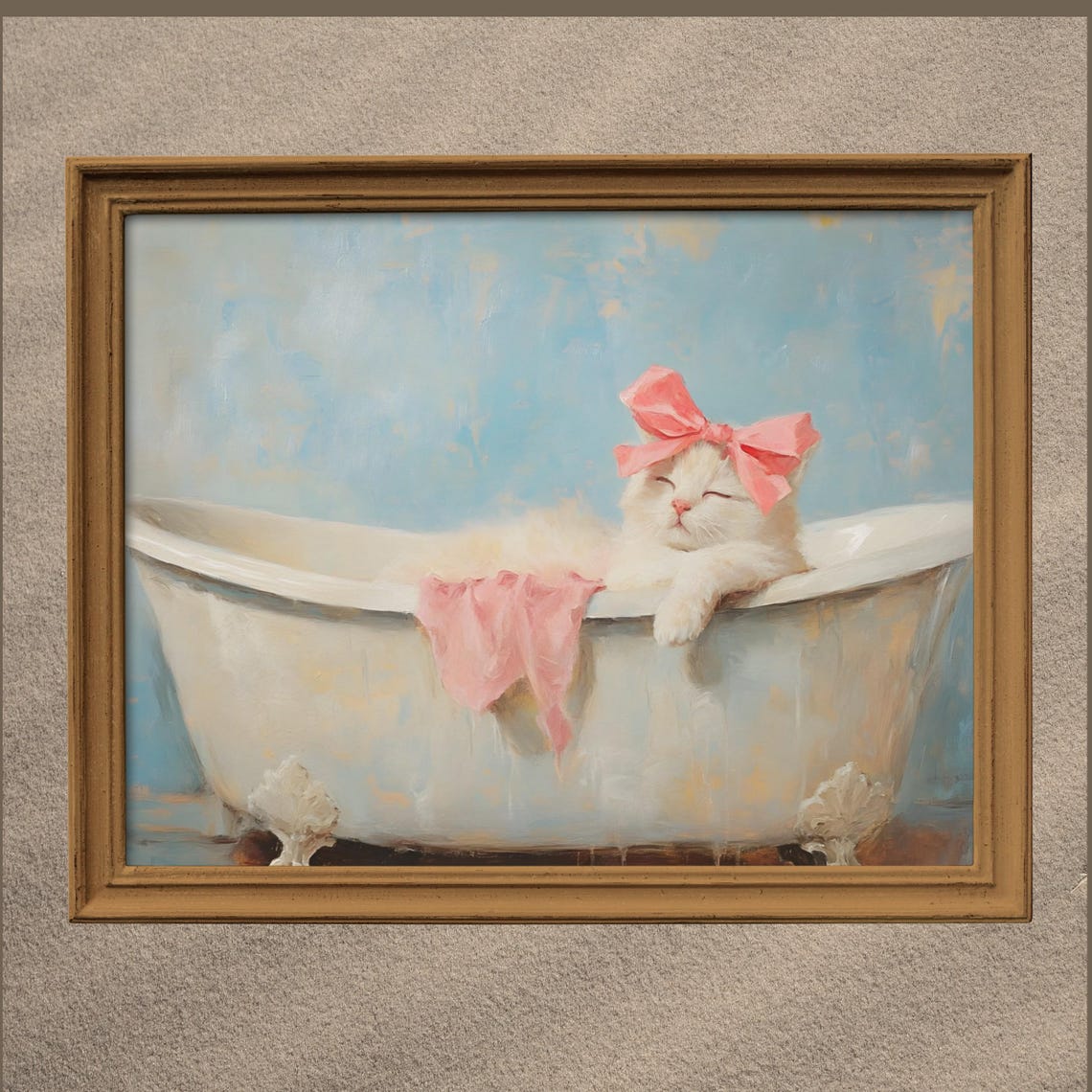 White Cat With Pink Bow Lounging In Bathtub Cute Kitty Art Poster