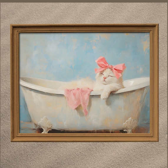 White Cat With Pink Bow Lounging In Bathtub Cute Kitty Art Poster
