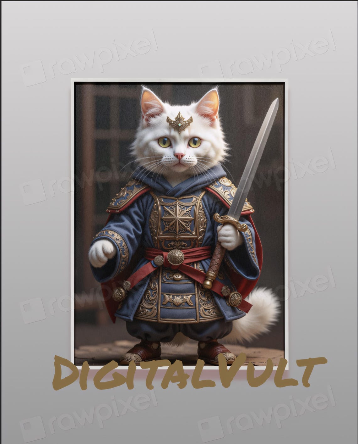 Brave White Cat Samurai Warrior in Blue Armor with Sword Poster - Image 6