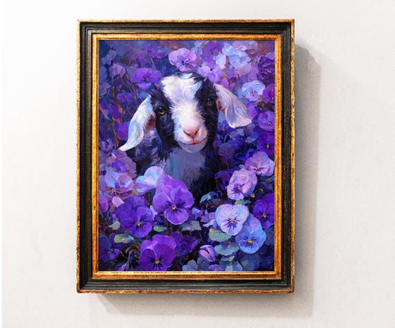Cute Goat Wall Art Print Vintage Farmhouse Decor Violet Flower Painting Moody Natural Animal Still Life Picture