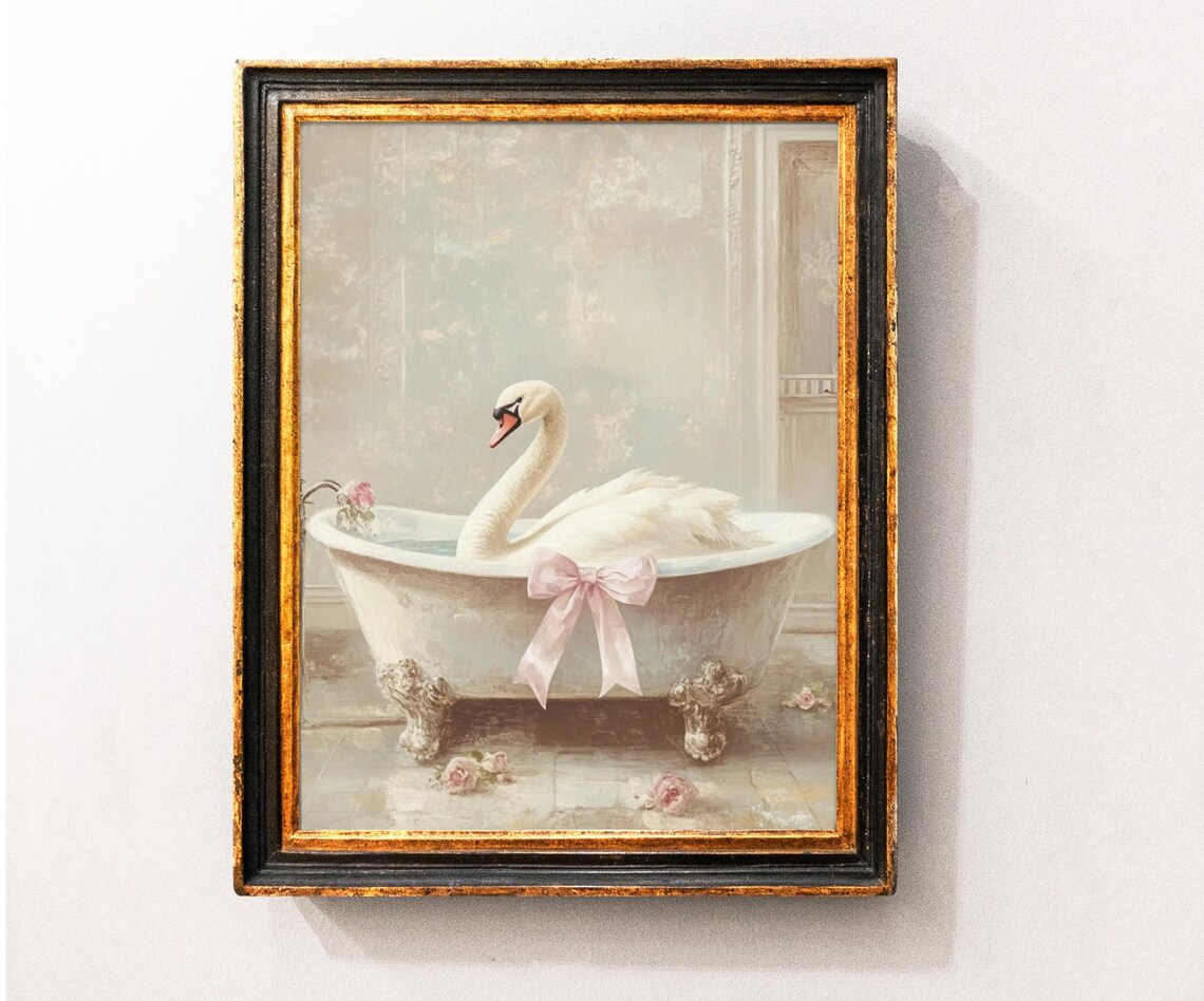 Cute Bathroom Swan With Pink Bow, Funny Poster Print