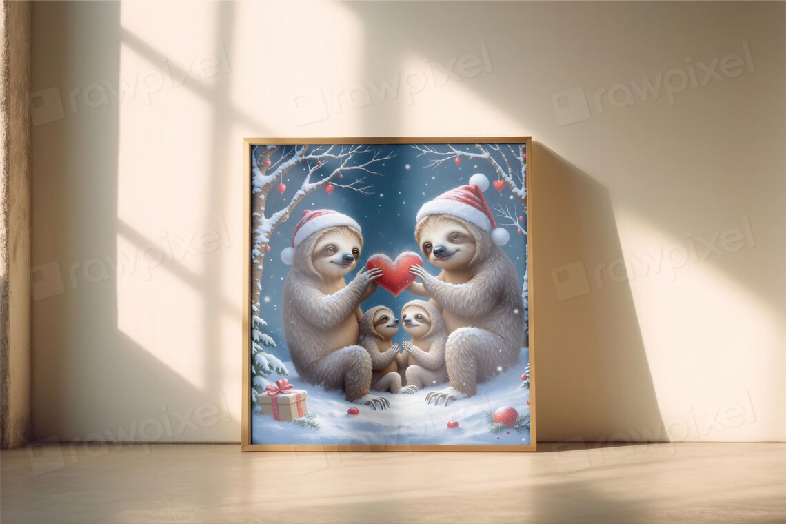 Festive Christmas Sloth Family Holding a Red Heart in Snow Poster