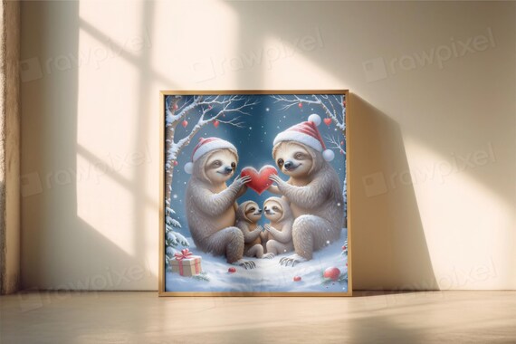 Festive Christmas Sloth Family Holding a Red Heart in Snow Poster