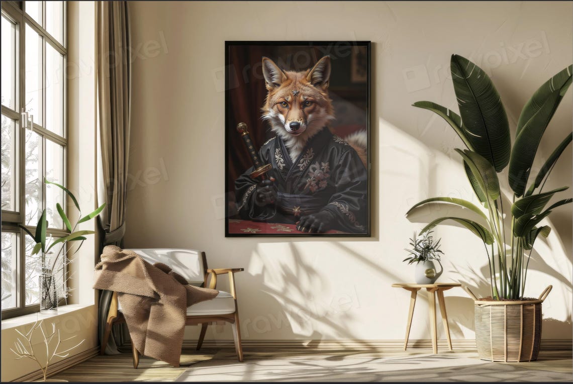 Dignified Red Fox Samurai in Black Kimono Holding Katana Poster - Image 5