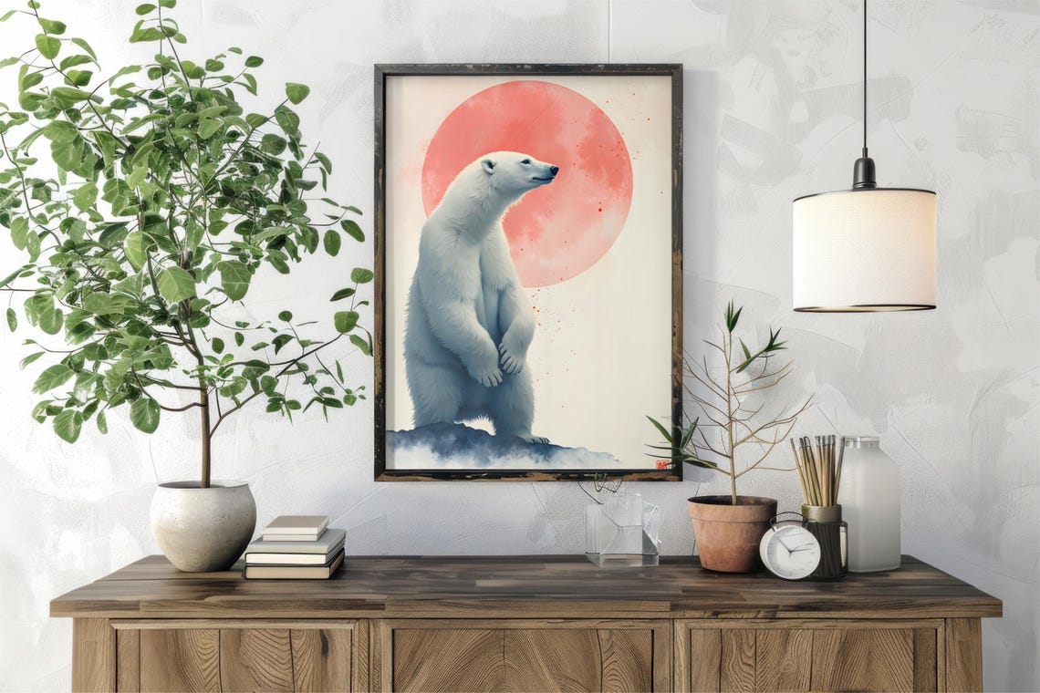 Majestic Polar Bear Standing Before a Glowing Red Sun Poster - Image 7