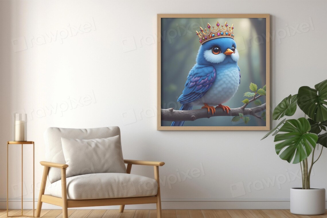 Adorable Bluebird Wearing a Jeweled Golden Crown on a Branch Poster - Image 6