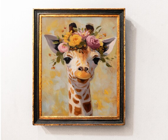 Baby Giraffe Wearing Floral Crown Whimsical Nursery Art Poster