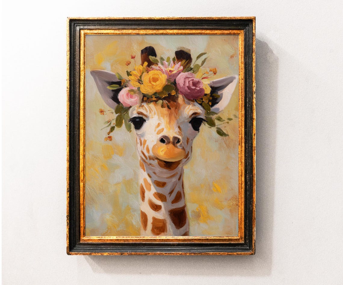 Baby Giraffe Wearing Floral Crown Whimsical Nursery Art Poster