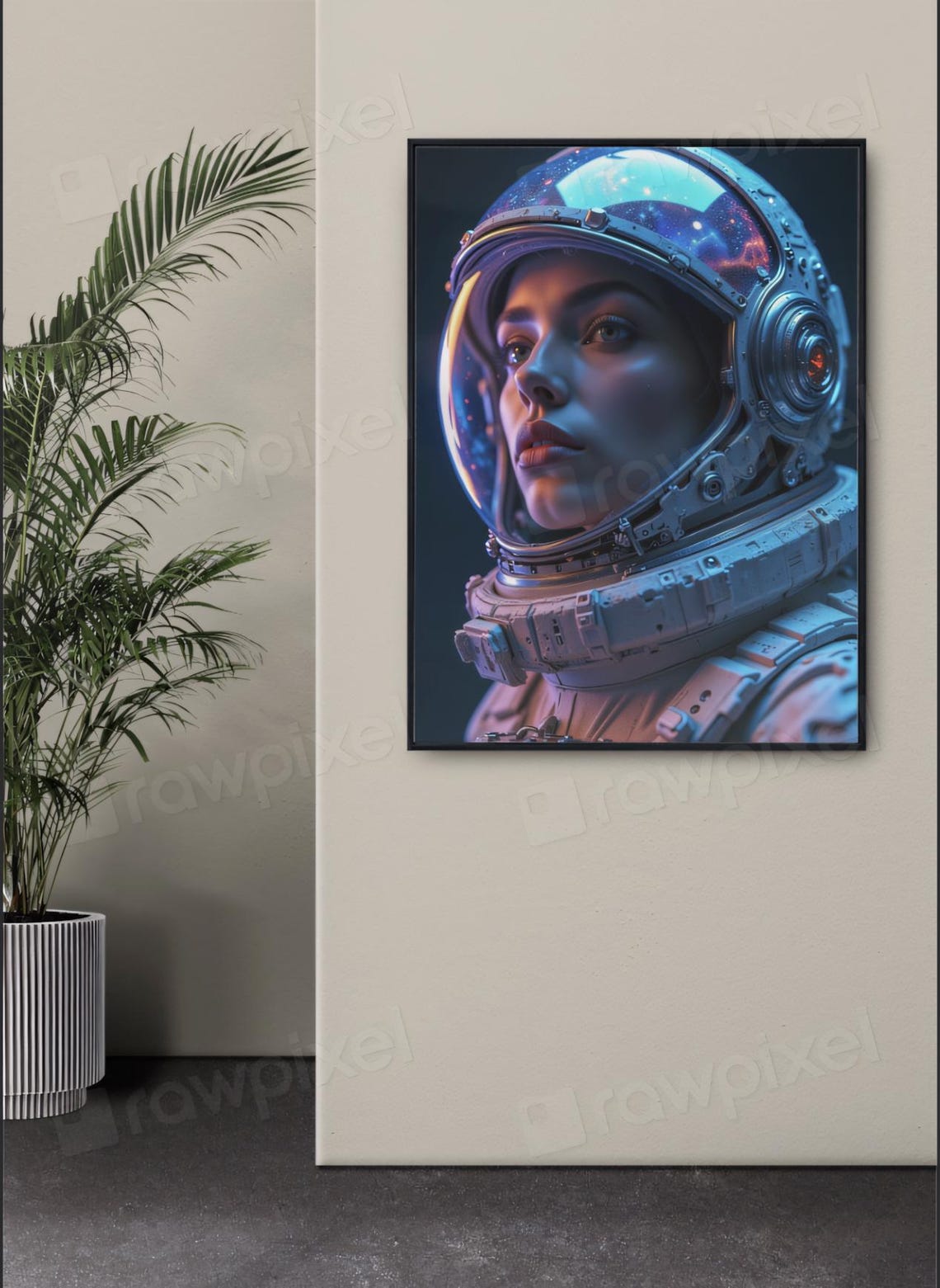 Female Astronaut in Helmet with Galaxy Reflection Portrait Poster - Image 6