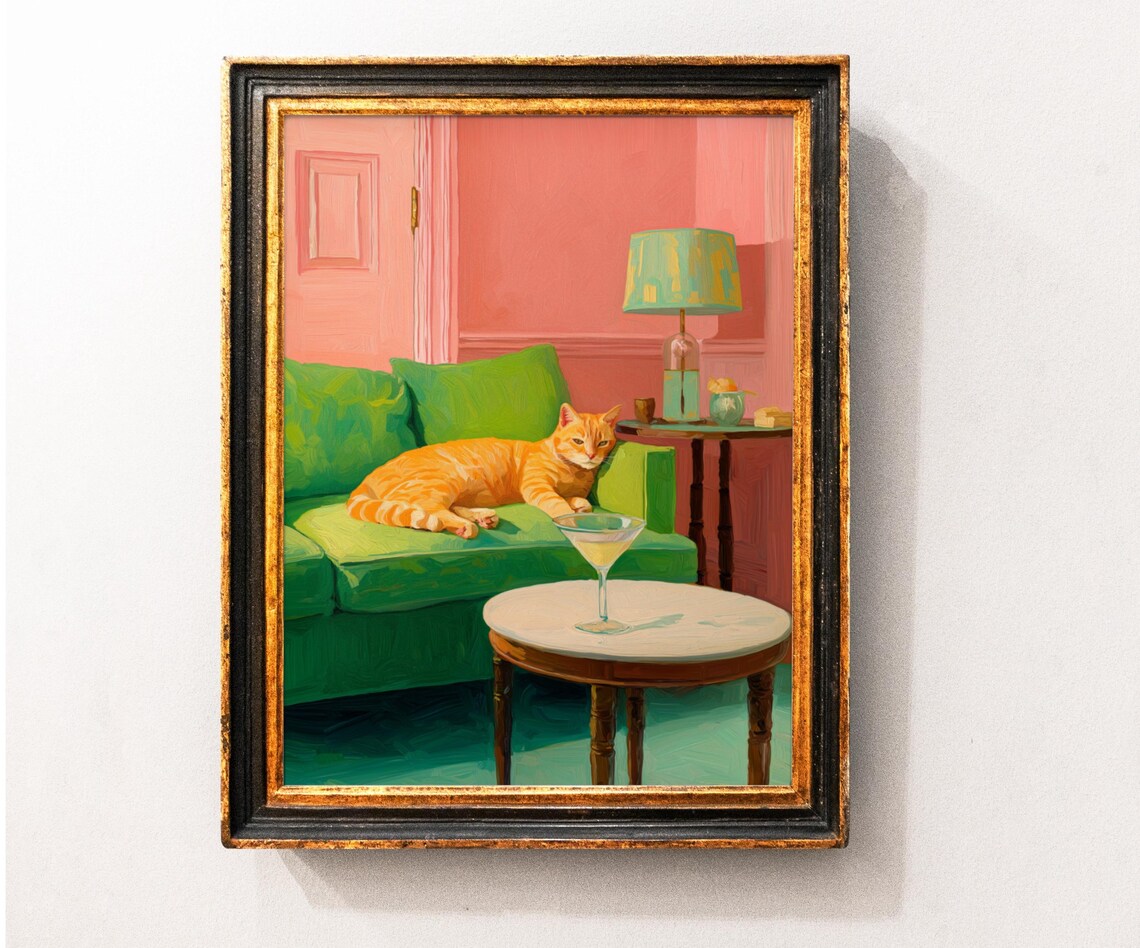 Orange Cat Lounging Green Sofa Martini Glass Funny Vintage Kitchen Poster