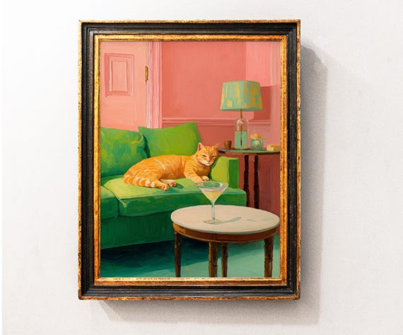 Funny Orange Cat Wall Art Print Cute Kitchen Poster Cocktail Bar Decor Room