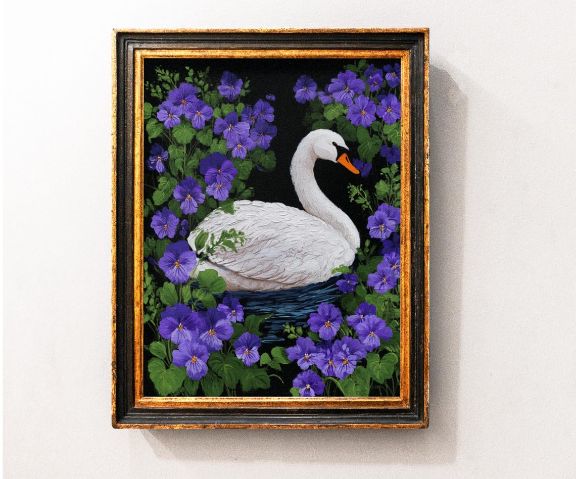 Arylic Swan Wall Art Print Vintage Farmhouse Bird Decor Violet Flower Painting Moody Natural Animal Still Life Picture