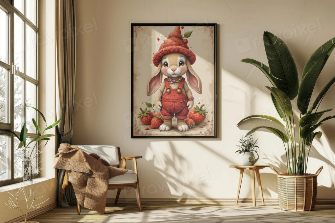 Adorable Lop-Eared Bunny in Strawberry Hat and Red Overalls Poster - Image 7