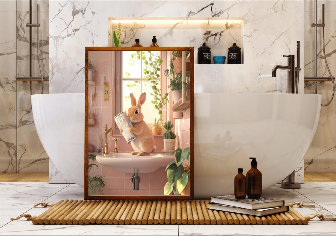 Cute Bunny Standing On A Bathroom Sink Holding A Newspaper Poster - Image 5