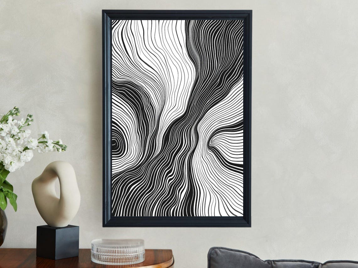 Abstract Black White Line Art Modern Minimalist Artwork Monochrome Wall Art Contemporary Home Decor