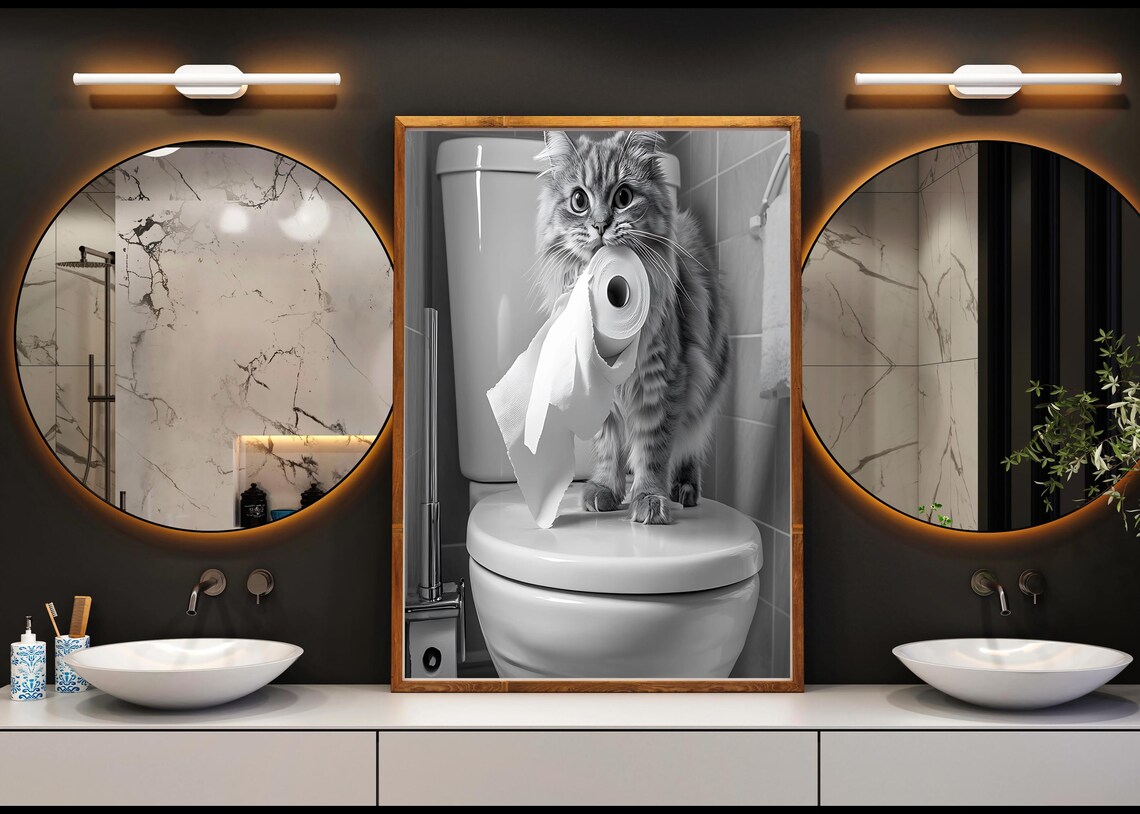 Tabby Cat Holding Toilet Paper Standing On Toilet Funny Poster - Image 4