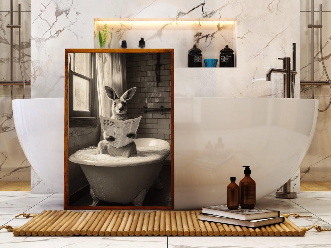 Kangaroo Reading a Newspaper in a Bubble Bath Vintage Poster - Image 5