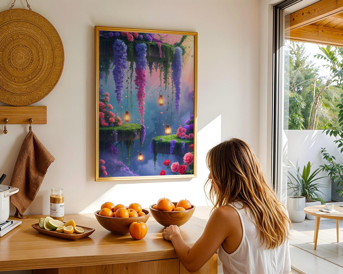 Fantasy Hanging Garden With Wisteria Roses And Glowing Lanterns Poster - Image 2
