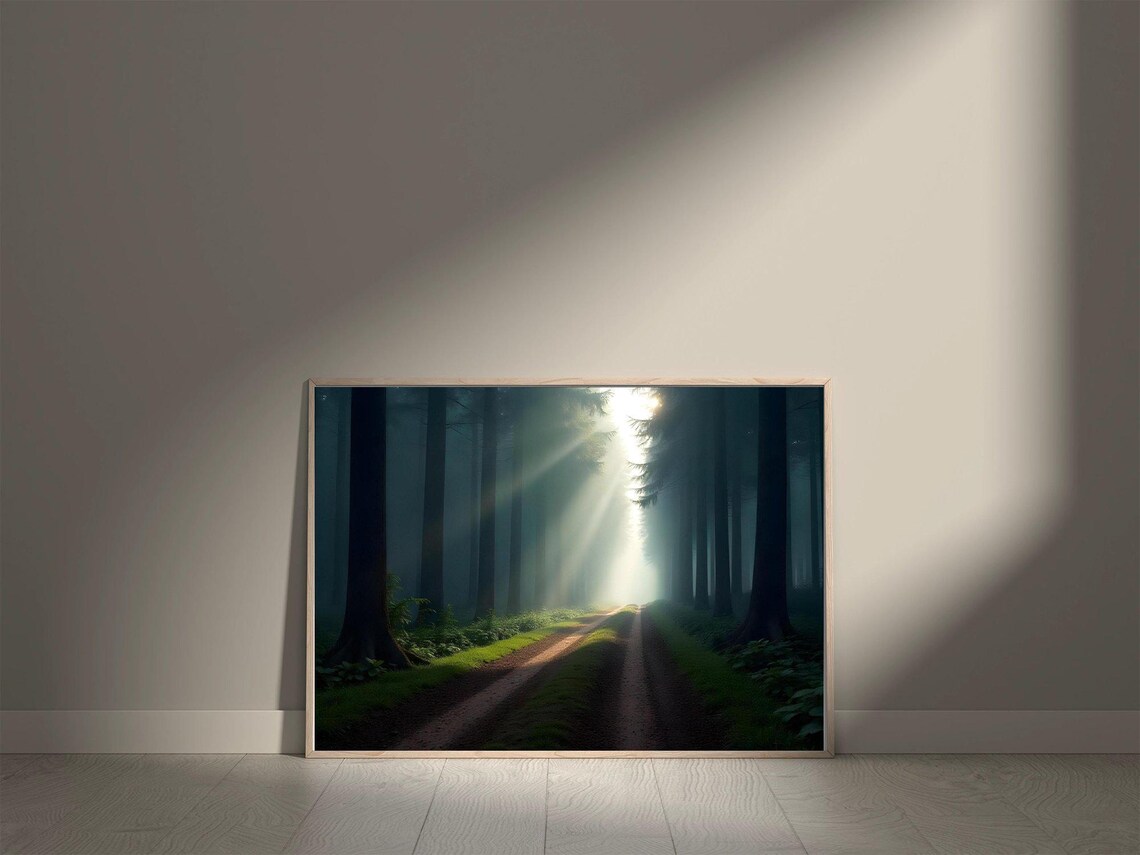 Forest Pathway Sunlight Beams Wall Art Nature Print Serene Forest Decor Mystical Woods Poster Tranquil Forest Landscape - Image 5