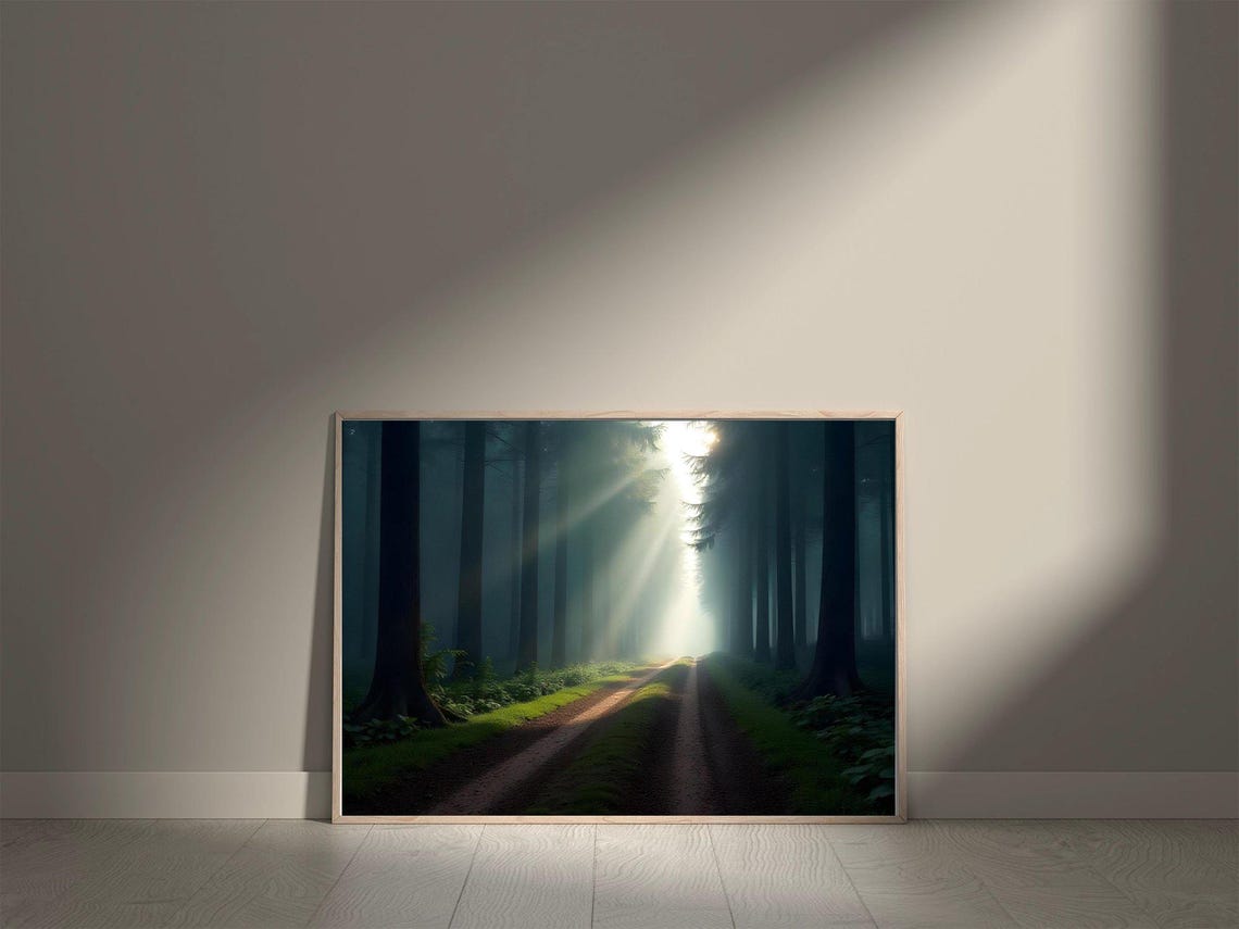 Sunlight Beams Streaming Through Tall Forest Pathway Nature Poster - Image 5