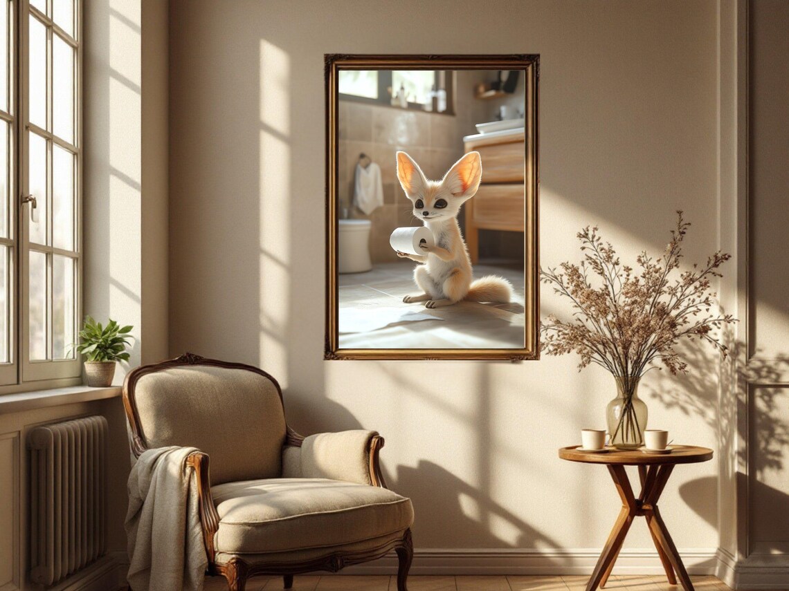 Baby Fennec Fox Holding Toilet Paper in Sunlit Bathroom Poster - Image 4