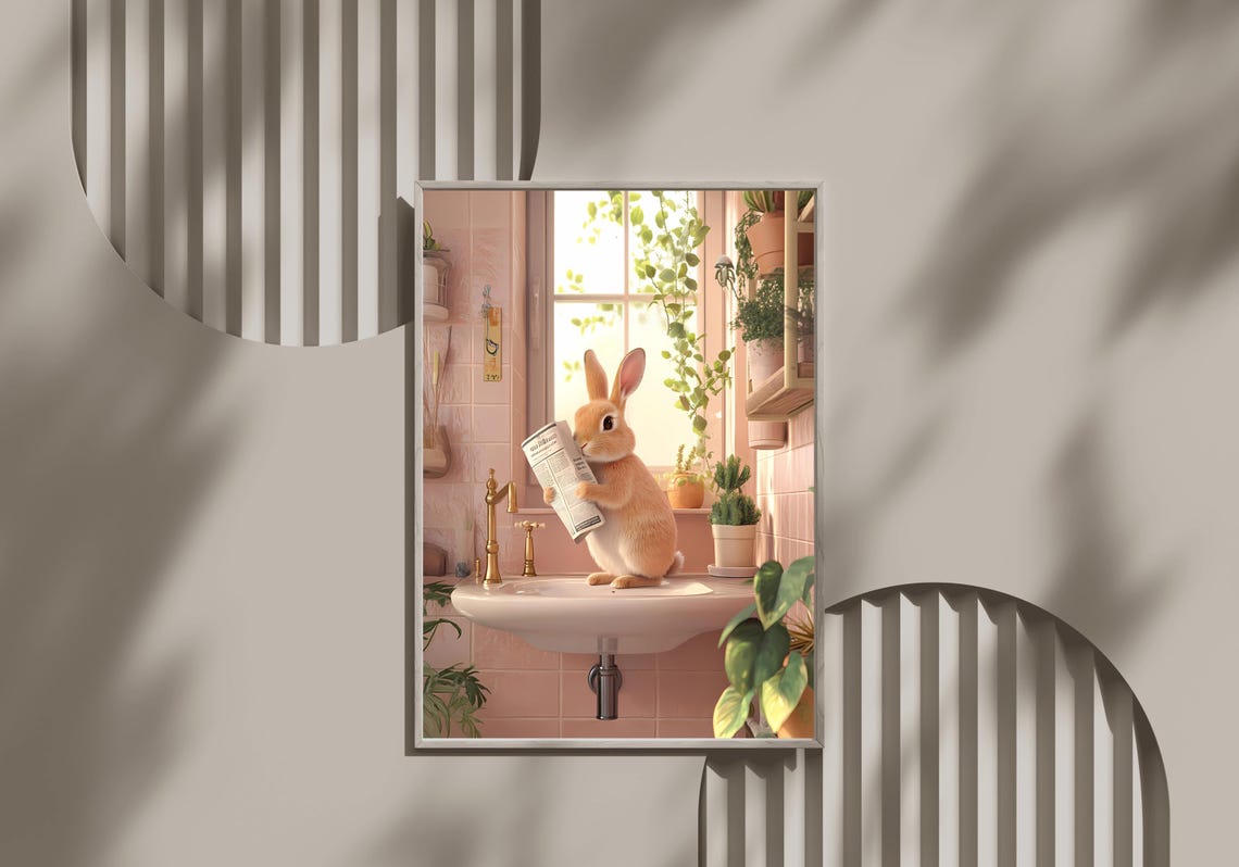 Cute Bunny Standing On A Bathroom Sink Holding A Newspaper Poster