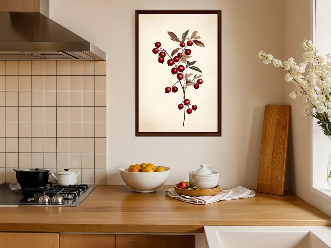 Red Berry Branch Botanical Illustration Rustic Kitchen Poster - Image 4