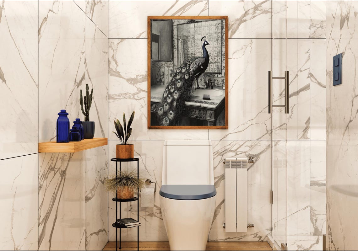 Peacock Perched on an Ornate Bathroom Sink Black and White Poster - Image 4