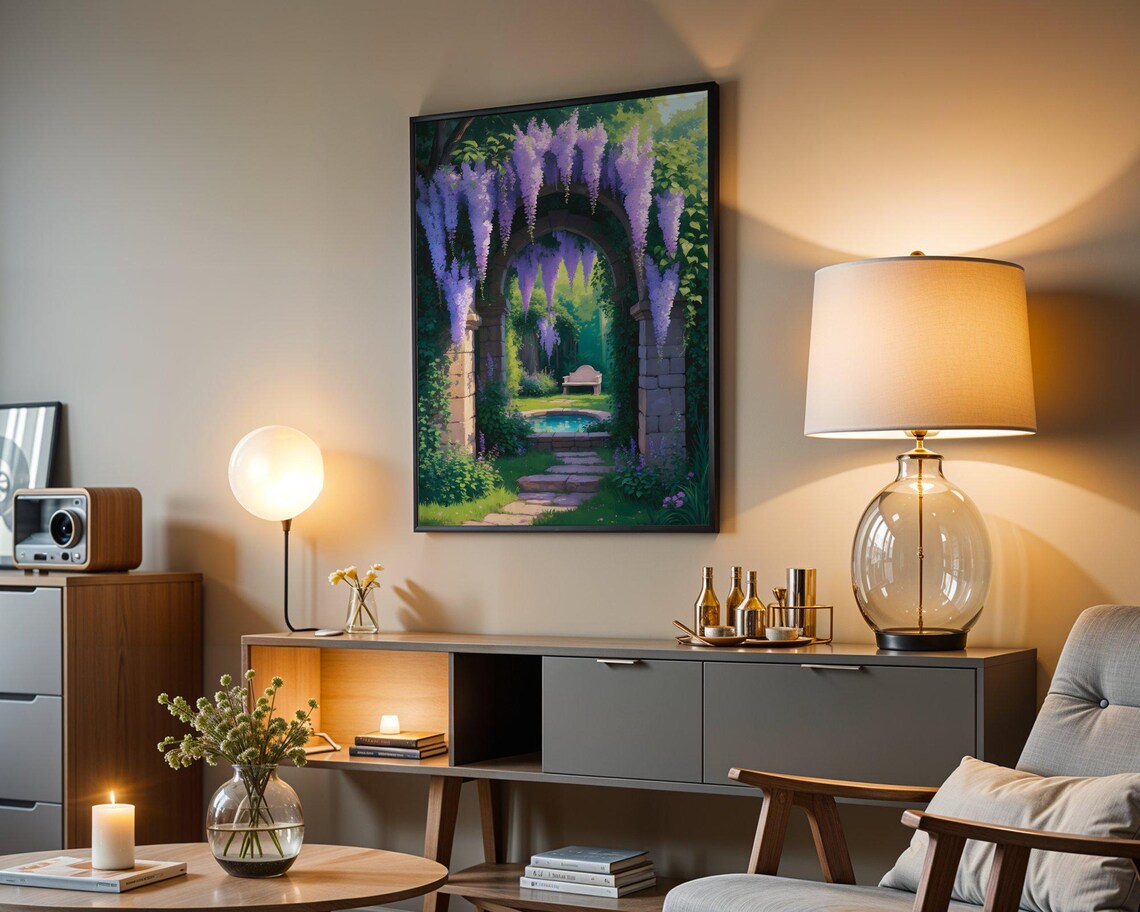 Wisteria Covered Stone Archway Serene Secret Garden Path Poster - Image 3