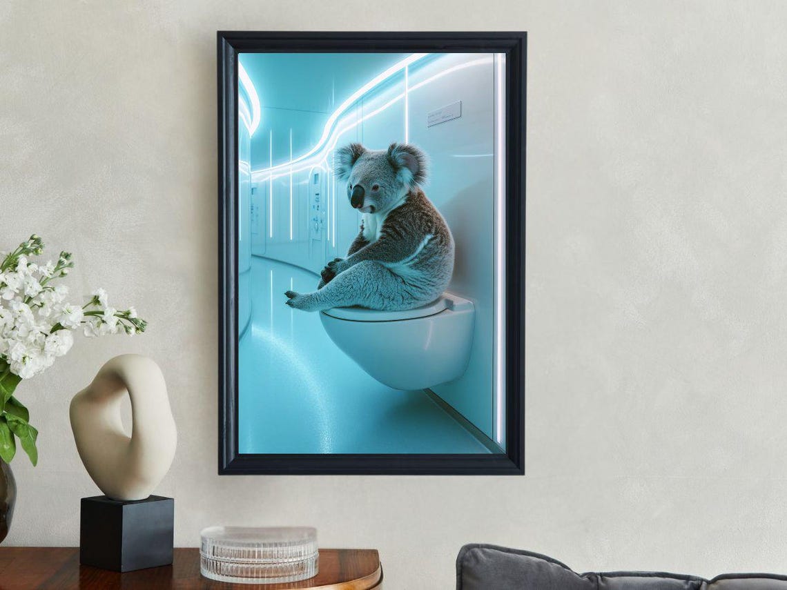 Koala Sitting On A Toilet In A Futuristic Neon Blue Bathroom Poster