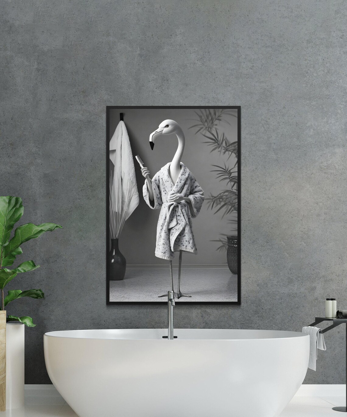 Flamingo in a Bathrobe Holding a Hairbrush After a Shower Poster - Image 2