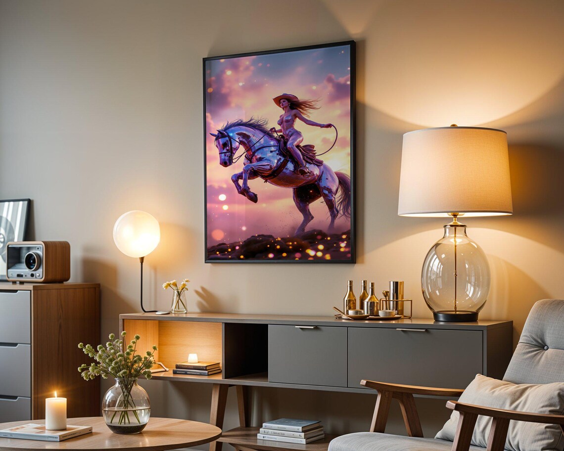 Cowgirl Riding Metallic Disco Horse Leaping At Sunset Poster - Image 4