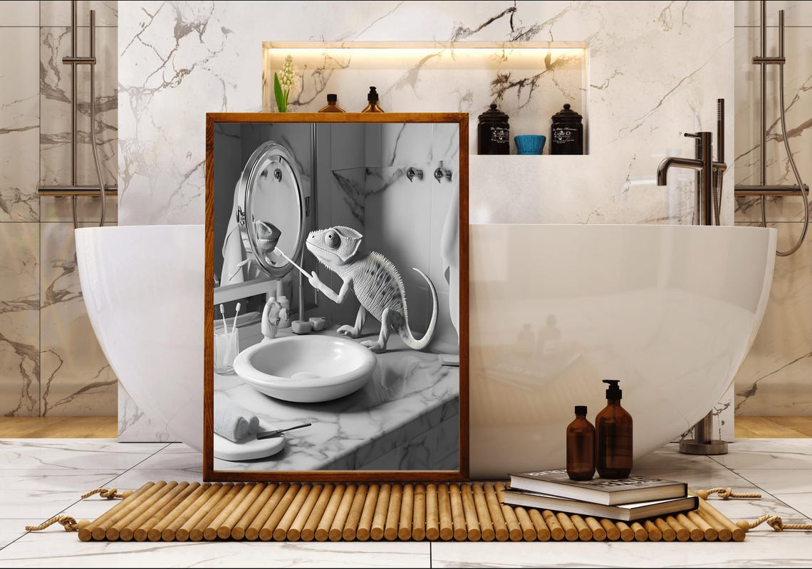 Chameleon Brushing Its Teeth at a Marble Sink Black and White Poster - Image 5