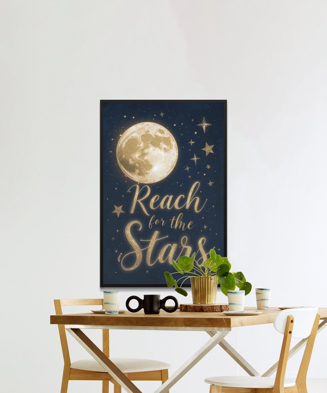 Reach for the Stars Gold Moon Navy Night Sky Celestial Quote Wall Poster - Image 2