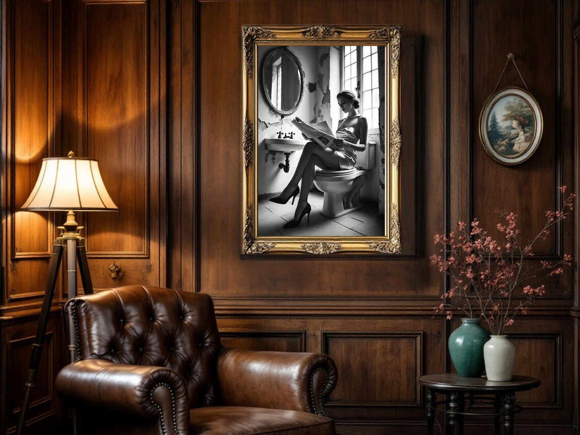Woman Reading A Newspaper In A Rustic Vintage Bathroom Poster - Image 5